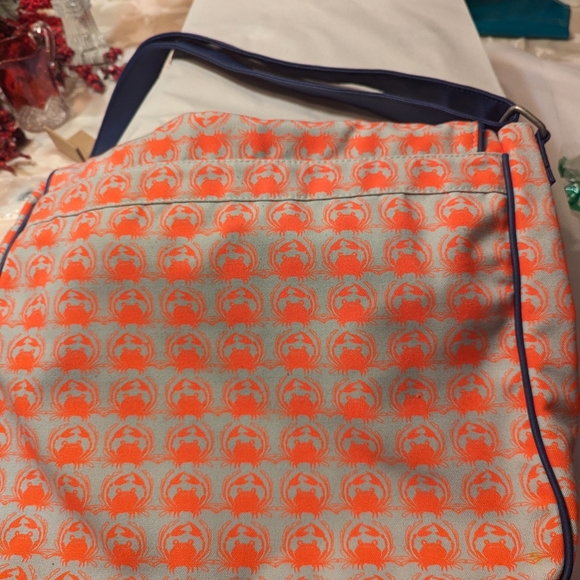 Sarah Watts crabby orange pattern messenger bag with blue leather strap - Picture 12 of 15
